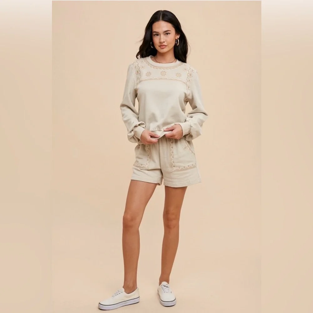 Women’s Embroidered Cream Lounge Sweatshirt and Shorts Set - Picture 1 of 5